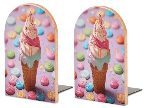 Grand serre-livres en bois pour étagères, nombreux serre-livres colorés en bois imprimé crème glacée robuste avec base en métal antidérapante