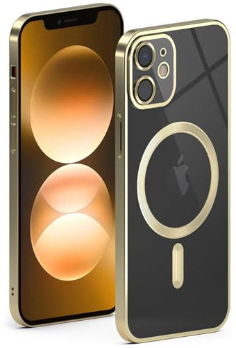 ONEFLOW Aura Case für iPhone 12 Hülle kompatibel mit MagSafe, Handyhülle mit Kameraschutz, Schutzhülle für induktives kabelloses Laden, Silikonhülle Durchsichtig, Gold