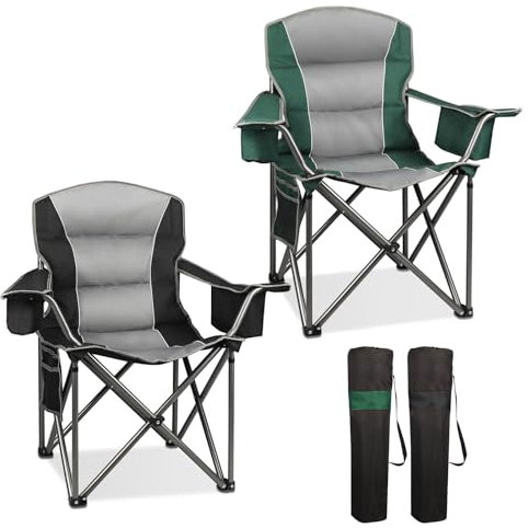 Northroad 2 Pack Oversized Camping Chair, Padded Portable Chairs Heavy Duty Camping Folding Chairs w/Cooler Bag & Cup Holder, Support 500 LBS for Outdoor, Fishing & Garden (Black & Green)