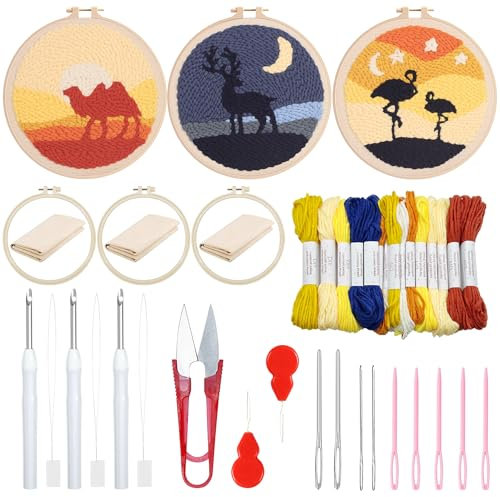 Woohome 3 Stück Punch Needle Anfänger Stickerei Set, Punch Needle Stoff mit Muster, Stickrahmen, Fäden, Anleitung für Kunsthandwerk (Kamel, Flamingo, Elch)