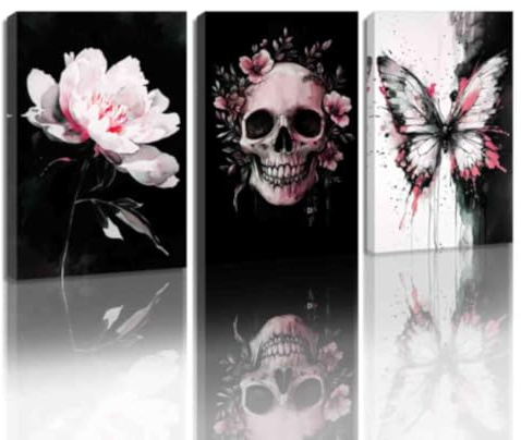 ZQQART Abstrakte Wanddrucke mit Totenkopf Blume und Schmetterling 3 teilig Schwarz Weiß Totenkopf Leinwandbild gerahmt rustikaler Totenkopf Schmetterling Gemälde Dekor (Rosa,30x40cmx3)