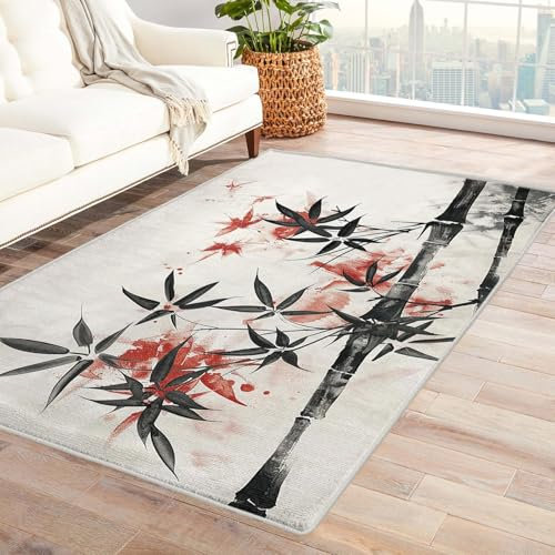 AUWUUA Plant Bamboo Print Area Rug 120x210cm(4×7ft) Japanese Chinese Rugs for Bedroom Living Room Hallway Entryway, Asian Style Indoor Small Rug, Machine Washable Non Slip Soft Low Pile Carpet