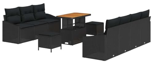 vidaXL 10-teiliges Gartensofa-Set mit Kissen in Schwarz aus Poly-Rattan – Outdoor-Möbel mit verstellbaren Armlehnen, modulares Design, perfekt für Terrasse oder Balkon, rechteckig, wetterfest.