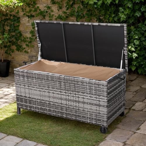 Club Rattan Outdoor Wicker Storage Box, Grey Rattan Deck Box with Lid, Waterproof Garden Cushion Container (Grey, 122x56x61 CM)