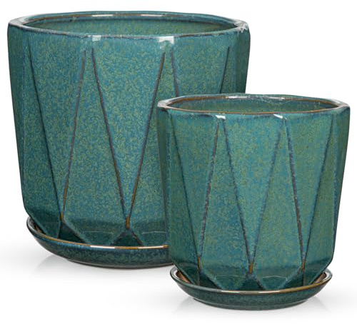 Oairse Ceramic Pots for Plants, 8+6 inch Plant Pots with Drainages Holes & Saucers Large Green Ceramic Planters Decorative Flower Pot for Indoor Plants Outdoor Inoor