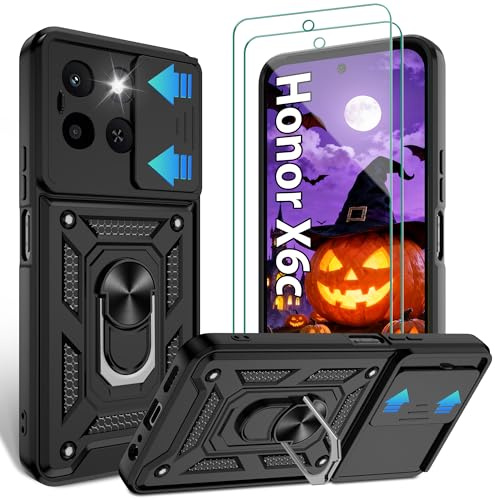 Jshru for Honor X6c Phone Case with Screen Protector,Built-in Camera Protection Cover and Ring Kickstand,Military Grade Shockproof Case,Honor X6c-Black