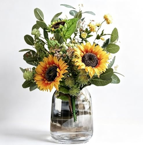 Artificial Sunflowers in Glass Vase - Hand-Tied Faux Yellow Bouquet | bendable stems for DIY shaping. Perfect farmhouse centerpiece for kitchen table, home office decor, or wedding table accents