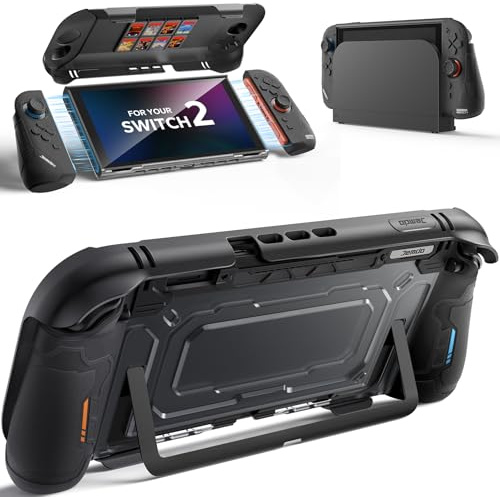JEMDO Split Dockable Schutzhülle für Switch 2, Ergonomisches Grip Case mit dickem Silikon für Joy Con, PC-Rückseite & TPU-Rahmen, Kratzfeste Frontabdeckung, 8 Spielkarten-Slots & 2 Daumengriff-Kappen