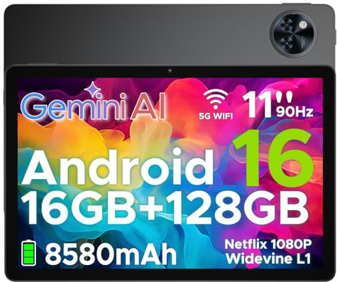 POPUX U11 Tablette Android 16 avec Gemini AI,11 Pouces 90 Hz,16GB RAM+128GB ROM(2TB TF),Octa-Core Tablette Android, 8580mAh,Corps Métallique Ultra-Mince 7,9 mm,Caméra 13MP,Widevine L1/Face ID/5G WiFi