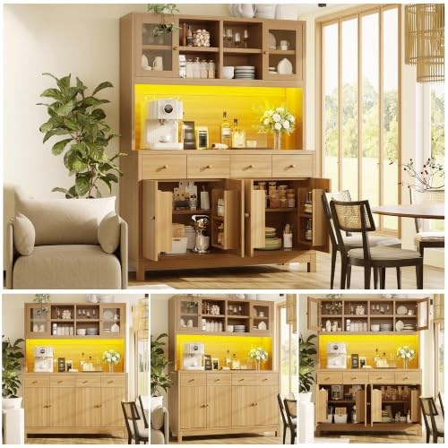 Hmluxury Hochbuffetschrank Mit App-gesteuerter RGB-LED, Glastüren, 4 Schubladen, Verstellbaren Böden, Naturholz-Optik, 140x38.5x180cm, Bis 100kg Belastbar