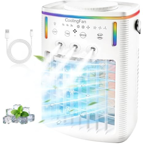 2026 Nuevo mini aire acondicionado portátil 1500ML, para coche y dormitorio, 3 modos y 3 velocidades, LED 7 colores y control remoto para oficina, camping y viaje (1PCS)