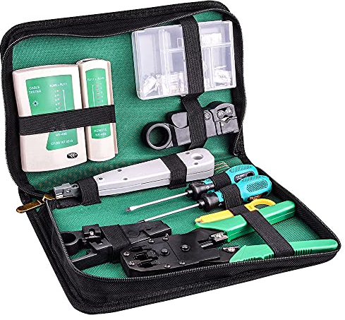 Kuman Network Cable Tester, RJ45 RJ11 Cat5 Cable Crimper Stripper con 10 piezas de cristal Connctors Tool Set P9100