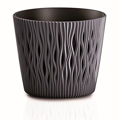 PROSPERPLAST Sandy Rund 2in1 Blumentopf/Pflanzkübel inkl. rundem Pflanzkübel aus Kunststoff (128 mm, Anthrazit)