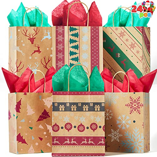 JOYIN 24 Stück Geschenktüten mit 6 verschiedenen Weihnachtsmustern, Geschenktüte, Kraftpapiertüten Geschenktasche für Weihnachten, Geschenkverpackung, Party Zubehör