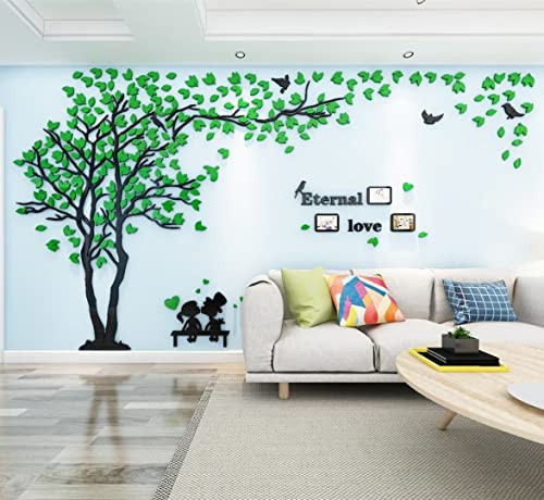 Baum Wandaufkleber Wandtattoo 3D DIY Sticker mit Familie Bilderrahmen Fotorahmen Wandbilder Wandkunst für Wohnzimmer Schlafzimmer Kinderzimmer (Grün Links,M-130 * 250cm)