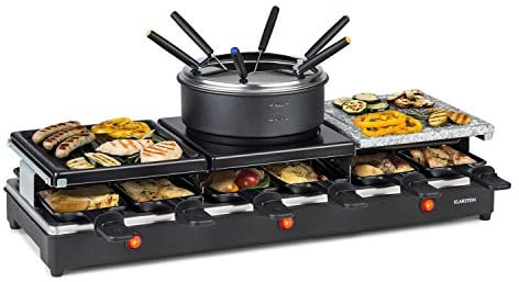 Klarstein Fonduelette XL - 3-in-1 Raclette Grill & Fondue, 1650 Watts, 3-in-1 Grill: Metal/Natural Stone/Crêpe Plate, 3 Separate Stainless Steel Heating Elements, 12 People, Non-Stick, Black