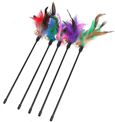 Redsa Cat Toy Feather Cat Toy Feather Wand with Bell Short Cat Wand Hunting Stick for Kitten Cat Fun Playing 45cm Pack of 5