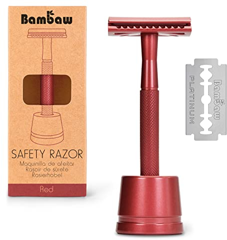 Bambaw Metall Rasierer Klassisch mit Rasierhobel Halter | Nassrasierer Herren und Damen mit 5 Rasierklingen für Rasierhobel | Eco Rasierer Metall | Safety Rasierer Nachhaltig | Rot