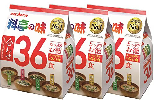 Marukome Soupe Miso Ryotei no Aji 4 Saveurs, 36 Soupes Miso Instantanées Japonaises (Algues Wakame, Oignons Verts, Tofu, Aburaage), Lot de 3 Packs