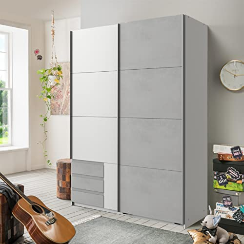 möbelando Schwebetürenschrank Schiebetürenschrank Schrank Schlafzimmer Schrank Eugenio I Weiß/Beton lichtgrau