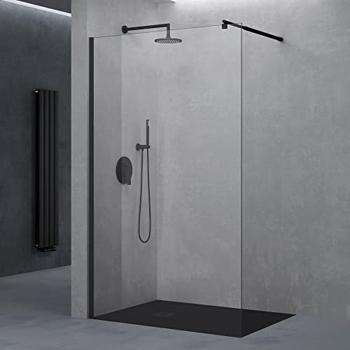 doporro Paroi de Douche à L'italienne Transparent 50cm Pare-Douche Verre de Sécurité 10mm Bremen2K 50x200cm Profilé Noir avec Stabilisateur en Acier Inoxydable