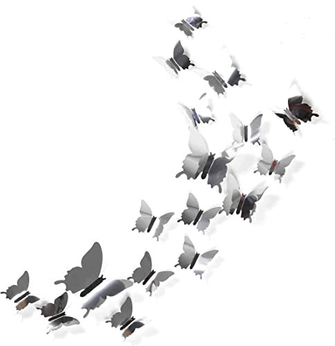 Weddhuis Schmetterlings-Spiegel-Wandaufkleber, 48 Stück 3D-Spiegel-Wandaufkleber, Wohnkultur, Kombinations-Wandaufkleber, Wohnkultur-Aufkleber (Silber)