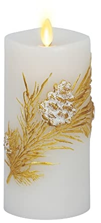 Luminara Embossed White Pinecone Flameless LED Candle Pillar (3 x 6.5) - with Recessed Edge Unscented Real Wax LED Battery Operated Candle Lights