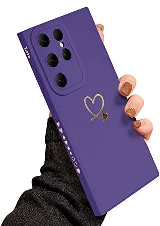 Newseego Compatibile con Samsung Galaxy S23 Ultra Cover, Cute Gold Love Heart Pattern Donne Ragazze Morbido Silicone Liquido Protezione Fotocamera Cornice Laterale per Samsung Galaxy S23 Ultra-Viola