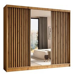 ALTDECOR Kleiderschrank mit Spiegel und Schiebetüren, kugelgelagerte Führungsschienen und Aluminium-Leisten, LED-Beleuchtung (16 Farben) und Fernbedienung - LAMELO- 240 cm Artisan + Artisan + Schwarz