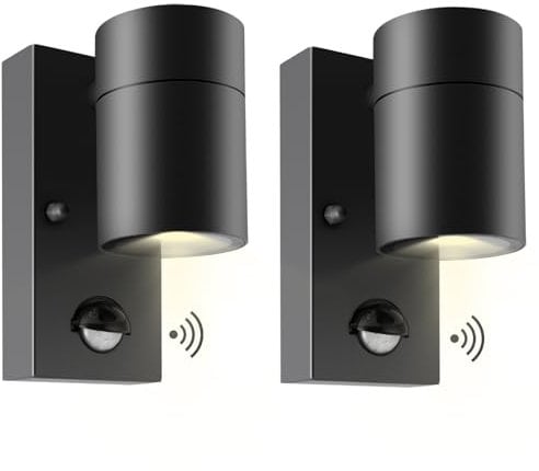 Kerry Outdoor Motion Sensor Wall Lights, Downward Outside Lighting Mains Powered, IP44 Black Stainless Steel Downlight, Exterior PIR Detector Security Fixture for Front Door, Porch, Garden - 2 Pack