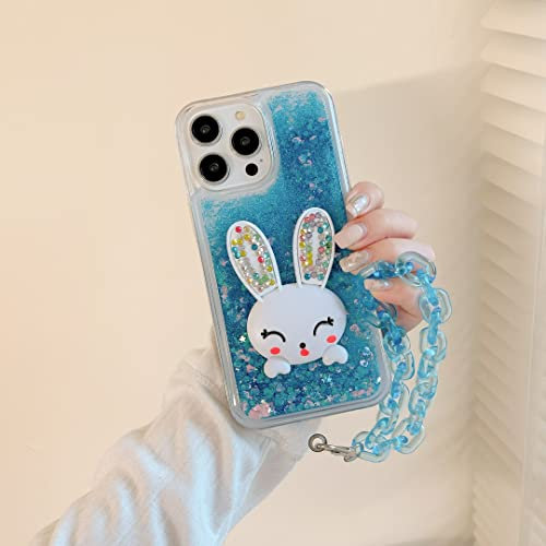 CrazyLemon für iPhone 13 Hülle, Glitzer 3D Kaninchen Halter Treibsand Stoßfest Handyhülle mit Kette Schutzhülle Bumper mit Kordel zum Umhängen Flüssig Quicksand Case - Blau