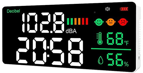 Ksrnsne Wall Hanging Sound Level Meter Noise Meter 30-130DB Range 11 Inch LED Display Noise Time Temperature