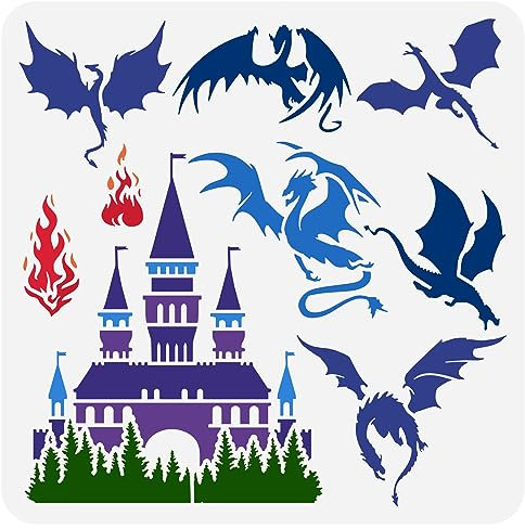 FINGERINSPIRE Dragons Castle Malschablone – 30 x 30 cm, Kunststoff, Westerndrache, Feuerschloss, Muster, Vorlage für DIY-Kunst, Handwerk, Wanddekoration