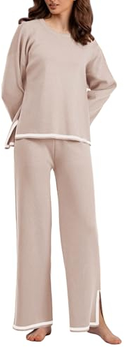 Owegvia Stricksets, zweiteilig, zweiteilig, langärmelig, Pullover, Oberteil, weites Bein, elastische Taille, Hose, Lounge-Set, khaki, 42