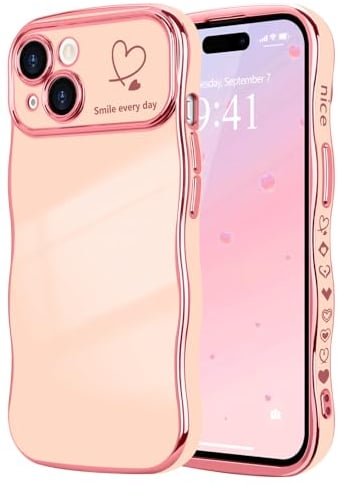LCHULLE for iPhone 15 Case for Women Girls,Cute Curly Wave Frame Shape Love Heart Pattern Phone Case,Raised Camera Protection Luxury Plating Shockproof Cover for iPhone 15 6.1,Pink
