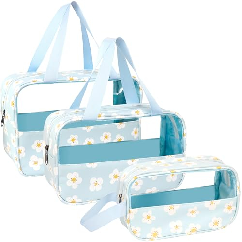 LEcylankEr Trousse de Toilette Transparente 3 Pièces, Trousse de Toilette PVC Étanche pour Femme, Trousse de Maquillage Légère pour Voyage Set (Imprimé Bleu)