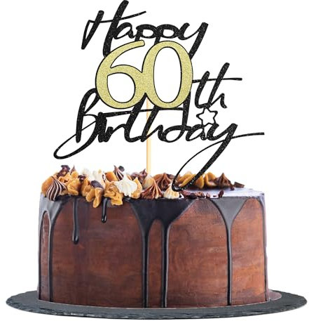 Sotpot 1 Pack 60th Birthday Cake Topper Black Gold Glitter Birthday Cake Decorations for 60th Birthday Theme Party Cake Decorations Supplies