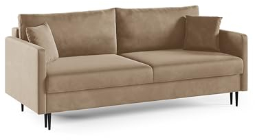LIKMA 3 Sitzer Sofa Mara 209 cm mit Schlaffunktion und Bettzeugbehälter, Velvet Schlafsofa mit Bettkasten, Moderne Couch, Sofagarnituren, Bettsofa Farbe: Beige, Stoff: Velours Riviera 24