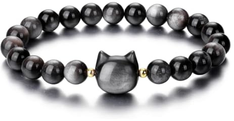 Ticome Black Obsidian & Stretch Cat Stone Bead Bracelets: Cool Good Luck Gifts for Women, Men, Girls or Cat Lovers