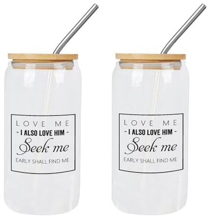 Yelolyio 2 bicchieri in vetro con cannuccia Love Me, I also Love Him; Seek Me Early Shall Find Me, tazza di vetro regalo per mamma, ideale per boba tè, whisky acqua