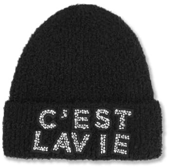 KARL LAGERFELD Damen Sparkle Embroidered Letters C'est La Vie Hat Beanie-Mütze, Schwarz, Einheitsgröße