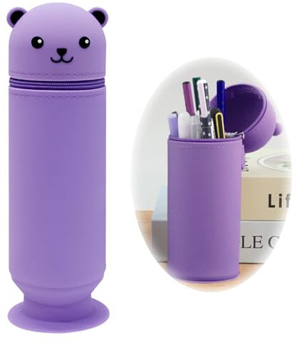 Jadin Federmäppchen, Niedliches Federmäppchen im Bären Stil, Großes Stand Up Federmäppchen, Becher Federmäppchen aus Weichem Silikon, Tier Federmäppchenhalter für Kinder, Studenten, Erwachsene (Lila)