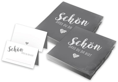 itenga Tischdeko Set - Servietten Schön dass du da bist 30 x 30cm 3-lagig 40 Stück und 48 passende Tischkarten für Kommunion Konfirmation Hochzeit Taufe und andere Feiern (grau)
