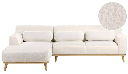 Beliani 3-Sitzer Ecksofa L-Form Bouclé weiß mit Chaiselongue rechts mehrere Kissen Simos