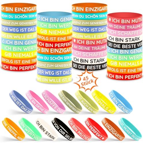 TUZELIYA 45 Stück Motivationsarmbänder Deutsch (20,5cm, 15 inspirierenden Sprüchen) - Mutmacher Mitgebsel Geschenk für Kinder, Schulkind, Kollegen, Einschulung, Geburtstag, Abschied