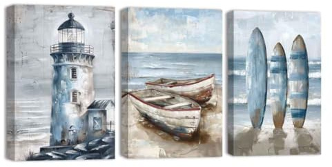 ZQQART 3 teiliges Wandbild auf Leinwand abstrakt Ozean Leuchtturm Gemälde Küstenlandschaft Bilddrucke Meer See Haus Schlafzimmer Dekor Rahmen(Weiß,30x40cmx3 Pieces)