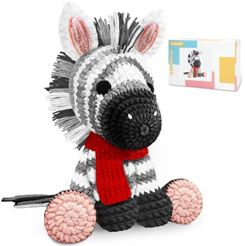 CODGP Häkelset für Anfänger mit Schritt-für-Schritt-Videoanleitungen, Häkeltier-Sets mit Garn für Erwachsene Kinder,Häkelsets Zebra