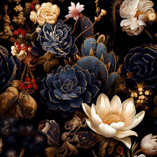 REDAMANCY Dark Black Succulent Plants White/Red Flowers Peel and Stick Wallpaper Stick on Contact Paper Vintage Wall Paper Easy Peel Off for nightstand Drawer Cabinet Renter