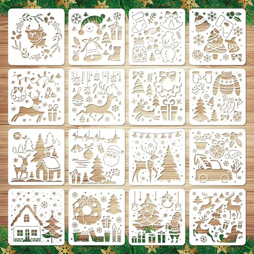 16pcs Pochoirs de Noël pour l'Artisanat, Pochoirs de Noël Réutilisables pour la Peinture Bonhomme de Neige Père Noël Pochoir Joyeux Noël pour la Peinture Fabrication Artisanale (Style 1)