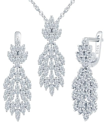 Yumilok leaf tassels 925 Sterling Silver Necklace Earring Sets Pendant Necklace for women Cubic Zirconia
